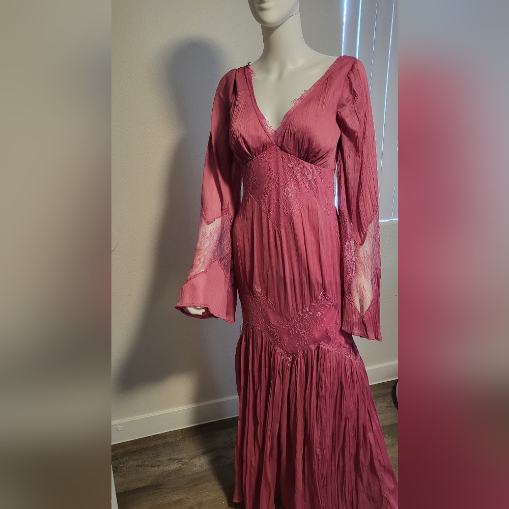 Pink Ruched Tiered Bell Sleeve Gown